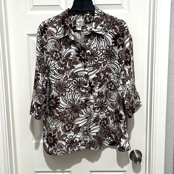 Chicos Top Shirt Size 3 Large 100% Linen 3/4 Sleeve Button Brown White Womens - Picture 1 of 5